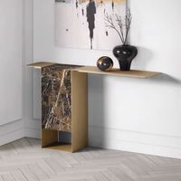 Table console moderne en marbre naturel avec base en acier inoxydable argenté, hauteur 140 cm, pour entrée, salon, hôtel.
