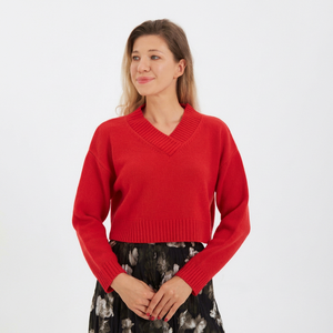 Pull court à col en V pour femme, 100% acrylique, manches longues, rouge uni, pull tricoté décontracté pour l'automne - Product Image 1