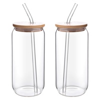 Tasses à café/bière/boisson transparentes en forme de pot en verre 12oz/16oz à motifs personnalisables avec couvercles et pailles en verre