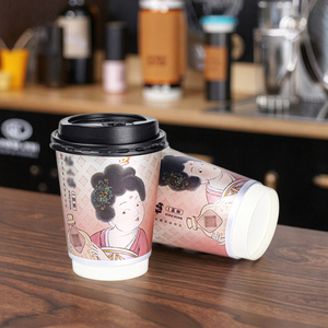 ZJPACK Disposable Thickened Double Wall Food Grade Kraft Paper Cup with Lid Custom Logo Recyclable for Juice Milk Tea Coffee