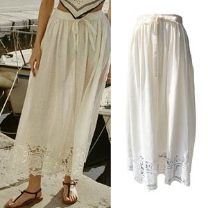 Women's <b>White</b> Vintage Natural Summer <b>Midi</b> A-Line <b>Skirt</b> Flared Cotton-Linen with Hollow Out Design - Product Image 2
