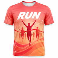 Kaos Lari Custom Merah Oranye Emas RUN, Cetak Digital, Cepat Kering, Bernapas, Pelindung Sinar Matahari, untuk Pria