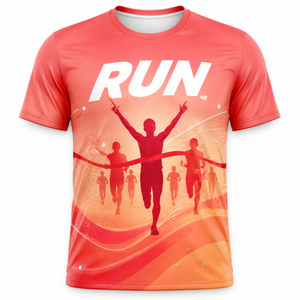 Kaos Lari Custom Merah Oranye Emas RUN, Cetak Digital, Cepat Kering, Bernapas, Pelindung Sinar Matahari, untuk Pria - Product Image 1