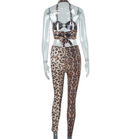 Ensemble deux pièces sexy pour femme, style été, haut sans bretelles et pantalon long, imprimé léopard