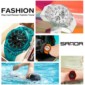 SANDA 6283 นาฬิกาข้อมือผู้ชายจอแสดงผลคู่ทรงสี่เหลี่ยมอินเทรนด์ลำลองซิลิโคนปฏิทินกันน้ำนาฬิกาข้อมืออิเล็กทรอนิกส์มัลติฟังก์ชั่น - Product Image 6