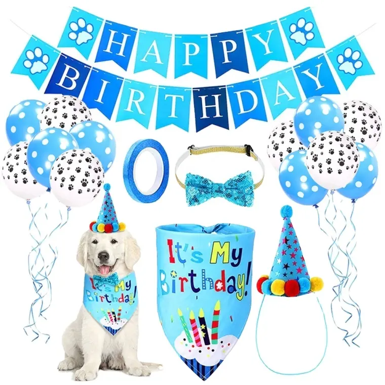 Dog Birthday Bandana Hat Bow Tie Set Happy Birthday Banner Set Dog Birthday Party Supplies