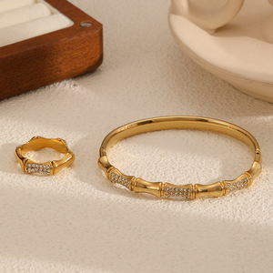 Bamboo Texture Stainless Steel <b>Bracelet</b> And Ring <b>Set</b> With Diamond Inlay For Party Jewelry Fashionable High End Titanium Steel - Product Image 1