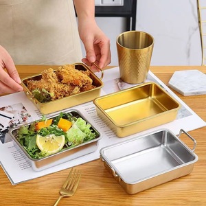 304 Stainless Steel Serving Tray Gold Silver Square Double Handle Multifunctional Food Container For Snack Fried Chicken Salad - Product Image 1