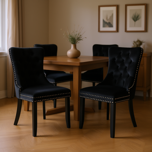 Chaises de salle à manger modernes en velours noir capitonnées de la collection Db Nikki avec pieds en bois massif et garniture cloutée - Product Image 2