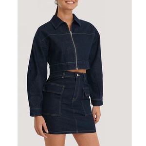 Ensemble <span class=keywords><strong>jupe</strong></span> <span class=keywords><strong>cargo</strong></span> et veste courte en jean bleu personnalisé pour femme, ensemble deux pièces en jean pour femme, ensembles de jeans 2 pièces - Product Image 4
