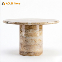 Table à manger écologique en marbre travertin beige à plateau rond et cylindre épais, 8 places, style Wabi-Sabi, pour hôtels modernes et boutiques
