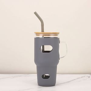 Vaso de vidrio con asa para gimnasio y senderismo, 32 oz, con funda de silicona de color, a prueba de fugas, con pajita de bambú y pajita metálica, kit completo - Product Image 2