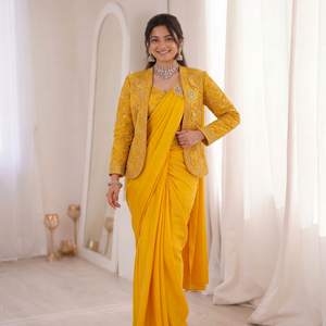 Heavy Work Satin Saree Bridal Party Wear Satin Saree Stylish Satin Saree with <b>Jacket</b> <b>Womens</b> Indian Designer Satin Saree - Product Image 1