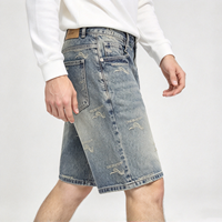 Shorts en jean brodés pour homme, bleu délavé, avec passants de ceinture, bouton métallique, poche arrière, coupe décontractée, longueur mi-cuisse, ourlet droit, Jorts en denim