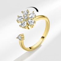 Anillo Abierto Delicado con Trébol de Cinco Hojas y Circonitas Blancas, Chapado en Oro, Latón con Micro Pavé, Giratorio, Elegante, Regalo para Novia