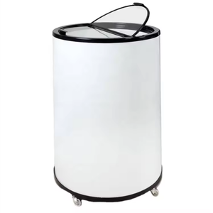 Réfrigérateur commercial 65L noir à baril rond avec autocollant personnalisé, sur roulettes, style monotempérature - Product Image 1