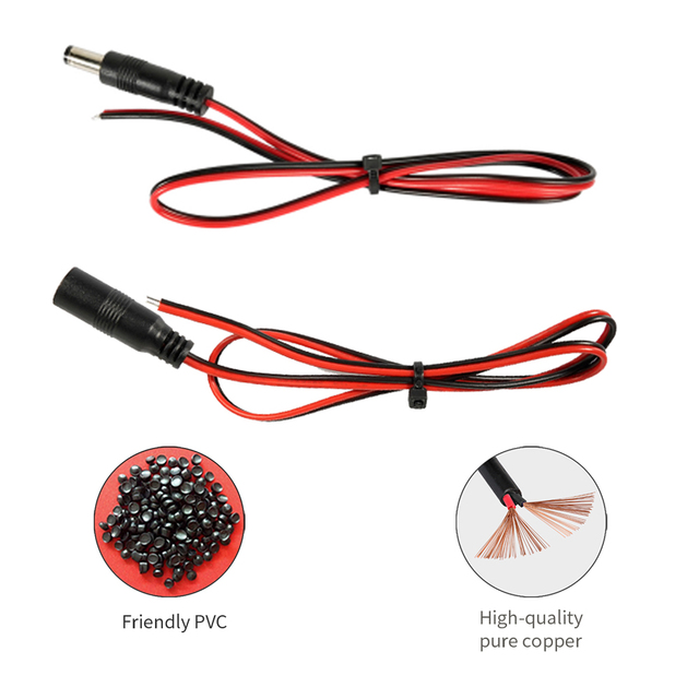 DC Power Cable Red & Black Twin Parallel Wire, Straight Male & Female Cables, Camera Power Cable Customizable