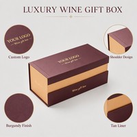 Caja de Regalo de Vino de Lujo, Caja de Papel con Asa, Color Borgoña, con Lámina Dorada, Logotipo Personalizado, Empaque para Botella de Vino, OEM, Marca Privada, Venta al Por Mayor