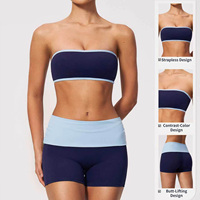 Set Yoga 3 Potong Wanita Tanpa Tali, Bahan Bernapas, Warna-Blok, Pinggang Tinggi, Kontrol Perut, Cepat Kering, untuk Gym dan Fitness