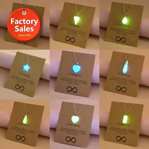 Glow in the Dark Charms Back To School Fashion Jewelry Brown Message Card Waterdrop Star Luminous Heart Pendant Necklace