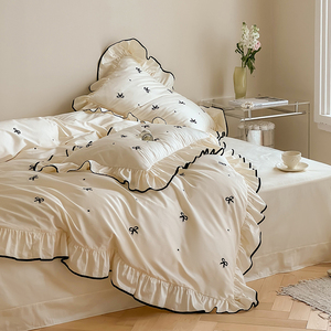 Parure de lit brodée en coton style français 100 fils, housse de couette à volants, taie d'oreiller, usage domestique, quatre saisons, couleur unie à pois - Product Image 3