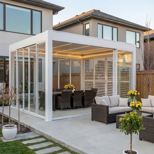 Pérgola motorizada con techo a dos aguas <span class=keywords><strong>de</strong></span> 10 x 14 pies (4x3 m) para exteriores, con estructura <span class=keywords><strong>de</strong></span> lamas y puerta <span class=keywords><strong>de</strong></span> vidrio impermeable. - Product Image 4