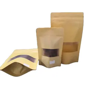 Sacs en papier Kraft personnalisés à fermeture éclair, de qualité alimentaire, emballage de thé artisanal, marron et blanc, avec votre propre logo fenêtres, pièces