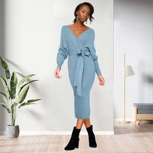 Dropshipping Casual Multicolor Rugloze V-hals Strik Bodycon Gebreide Jurk Damesmode - Product Image 4