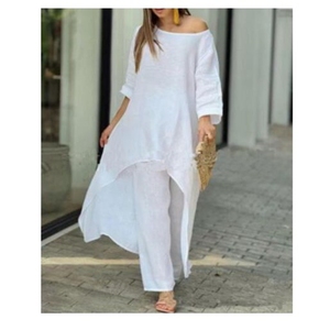 Women's Cotton and Linen Casual Big Yards Irregular Long-sleeved <b>Tops</b> Wide-legged Pants 2-piece Set Fashion - Product Image 3