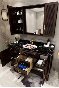 Meuble de salle de bain sur pied en bois massif, style chinois, avec comptoir en marbre de chêne et miroir intelligent. - Product Image 5