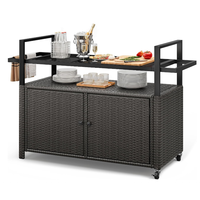 Table de bar mobile d'extérieur en osier résistante aux intempéries, chariot de jardin, meuble d'appoint avec roues verrouillables
