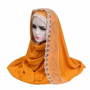 Bufanda musulmana Hijab de gasa de burbuja liso con bufandas de velo de lujo de encaje