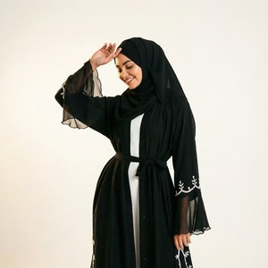 Abaya <span class=keywords><strong>Nera</strong></span> con Perle per Donne, <span class=keywords><strong>Abbigliamento</strong></span> Islamico Modesto Aperto - Product Image 2