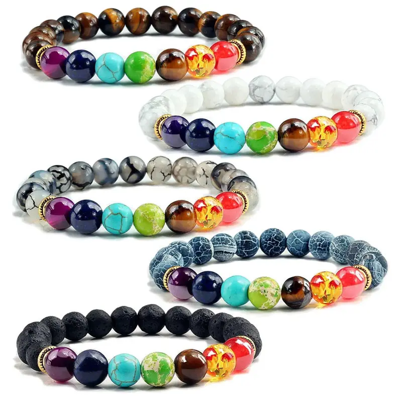 Colorful Beaded Bracelet Natural Stone Beads Yoga Valconic Healing Energy Lava Stone 7 Chakra Diffuser Bracelet