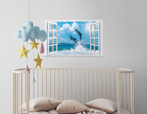 Fausse fenêtre autocollant mural-Ocean Dolphins Faux fenêtre murale <span class=keywords><strong>pour</strong></span> décoration murale, <span class=keywords><strong>stickers</strong></span> muraux à coller et à décoller - Product Image 1