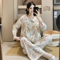 Pyjama deux pièces en coton pour femme, style palais, avec dentelle, imprimé floral mignon, collection Printemps-Automne 2026, version coréenne