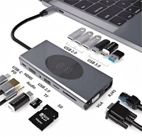 Hub USB Type C 15-en-1 pour ordinateur portable, hub de charge sans fil, VGA, USB3.0, USB2.0, SD, TF, RJ45, adaptateur USB 10W, audio 3,5 mm 100W