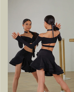 Completo <span class=keywords><strong>Sexy</strong></span> da Ballo Latino con Stampa Leopardata, Top e Gonna a Maniche Lunghe, per Samba, Rumba, Danza con Paillettes, Abbigliamento da Spettacolo per Bambini - Product Image 6