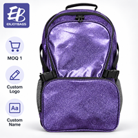 Tas Ransel Cheer Ungu Mengkilap dengan Glitter, Tas Tim Berkilau Halus, Logo Bordir Kustom, Nama Berhias Berlian Imitasi untuk Tim Perempuan