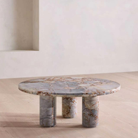 Table basse ronde en marbre Dream Home, trois pieds cylindriques en pierre, plateau en marbre naturel breccié, table de salon moderne