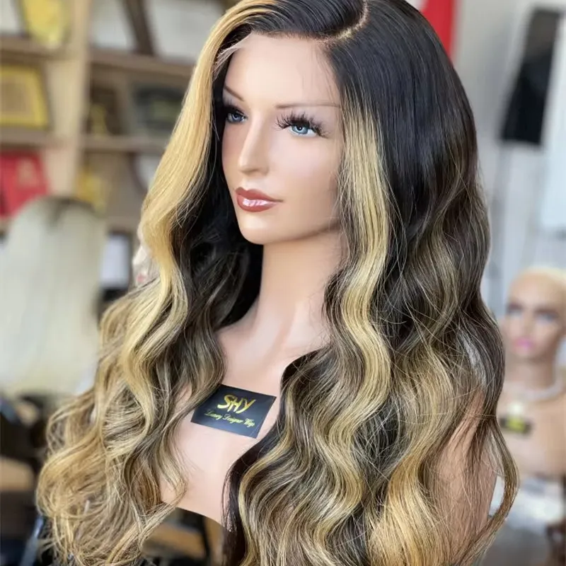 SHY akar gelap dengan cahaya pirang terang penuh renda pelucas manusia renda depan Wig 13x4 gelombang warna Ombre mentah rambut perawan 300%