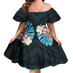 Prezzo basso all'ingrosso personalizzato Doble Layer Ruffle Sleeve Party Dress polinesiano Hawaii Tribal Print Chiffon abiti a strati di grandi dimensioni - Product Image 2