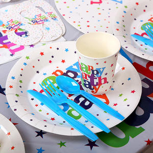 Vajilla de papel desechable con tema de <span class=keywords><strong>feliz</strong></span> <span class=keywords><strong>cumpleaños</strong></span> para niños, incluye tazas, platos, cuchillo, tenedor, decoraciones - Product Image 4