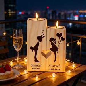 Custom Holding Hands Design Wooden Candle <b>Holder</b> Names Square <b>Tealight</b> Stands Modern Rustic Wedding Gift - Product Image 2