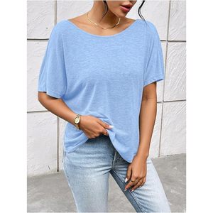 T-shirt femme FOXA dos nu à nœud torsadé, coupe oversize, couleur unie, manches courtes, épaules tombantes, haut décontracté en tissu jersey respirant - Product Image 3