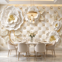 Papier peint floral 3D blanc, papier peint mural en perles et diamants, papier peint mural personnalisé avec des fleurs pour le salon, la chambre à coucher, la décoration de la maison