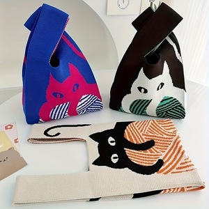 Bolso de Mano Tejido con Patrón de Gato de Dibujos Animados, Estilo Coreano, Portátil, de Gran Capacidad, para Mujer - Product Image 1