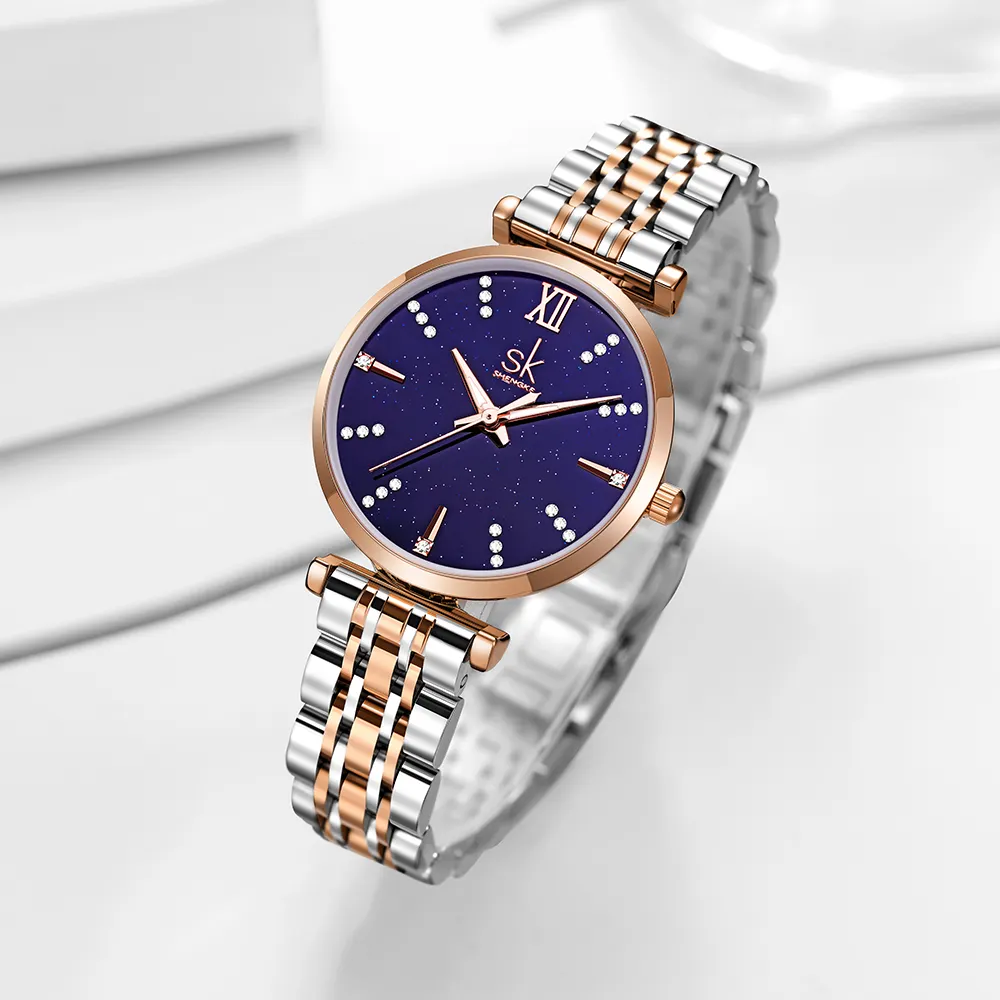 Shengke Hoge Kwaliteit Roestvrij Staal Horloges Waterdichte Vrouwen Prachtige Sterrenhemel Wijzerplaat Moissanite Horloge Reloj De Mujer