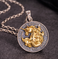Collier pendentif vintage licorne en argent S925 pour homme, bijou cheval à relief profond et corne sacrée