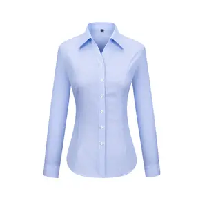 Rts 100% Katoen Vrouwen Blauw Wit Gestreepte Poplin Zakelijke Formele Shirt Lange Mouw Niet Ijzer V-hals Dress Shirt Voor vrouwen
